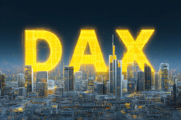Futuristic city skyline with glowing yellow "DAX" letters, symbolizing the German stock market index against a digital urban backdrop.