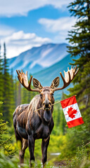 Naklejka premium Moose Holding Canadian Flag in its Mouth For Canada Independence Day National Holiday Celebration With Canadian Nature Landscape in the Background