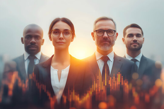 A diverse group of confident business professionals stands together with a cityscape and stock market graph overlay at sunrise. - Powered by Adobe