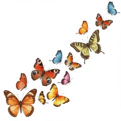 Collection of Colorful Butterflies Flying in a Swarm Isolated on White Background