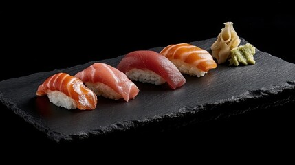 Fresh sushi platter on a dark slate board, featuring salmon nigiri, tuna rolls, and uni, wasabi and pickled ginger on the side, soft overhead lighting.