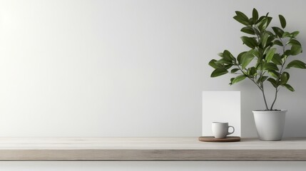 Morning business setup working at a home office desk with laptop and coffee plant minimalist environment