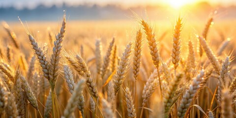 Fototapeta premium A vast expanse of wheat fields bathed in soft morning sunlight