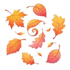 Fototapeta premium Collection of Watercolor Autumn Leaves in Shades of Orange Red and Yellow