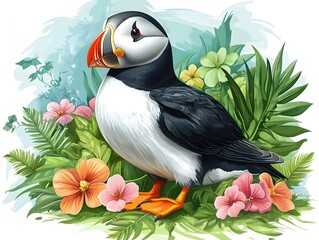 Naklejka premium A charming illustration depicts an Atlantic puffin standing amidst vibrant tropical flowers and lush green foliage.