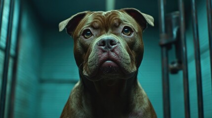 Sad dog in a cage.  A pit bull stares intensely into the camera,  looking forlorn in a confined space.  The teal walls and metal bars of the cage add to the sense of confinement and isolation
