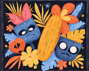 Tropical Tiki Masks  Flowers.
