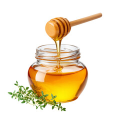 Jar of thyme honey with fresh thyme sprigs