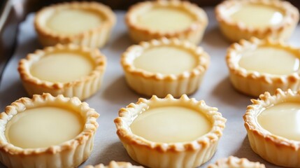 Egg tarts with flaky pastry and smooth custard filling, fresh from the oven, on a baking tray.