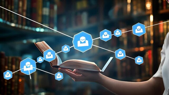 Open book displays digital connections, symbolizing knowledge sharing and networking