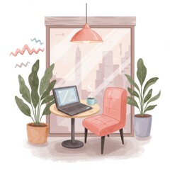 Pastel City View Workspace with Laptop and Plants
