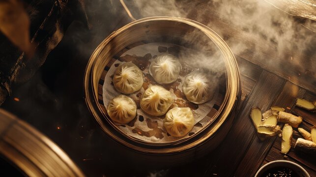 Steaming basket of xiaolongbao (soup dumplings) with translucent skins showing the broth inside, placed on a bamboo steamer with ginger slices and black vinegar dipping sauce.