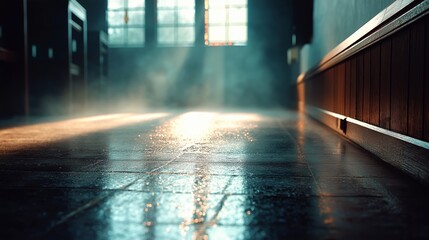 Eerie Corridor Light: A haunting glimpse of a sunlit corridor bathed in ethereal light, with the rays piercing the gloom and casting long shadows across the dusty tiled floor.