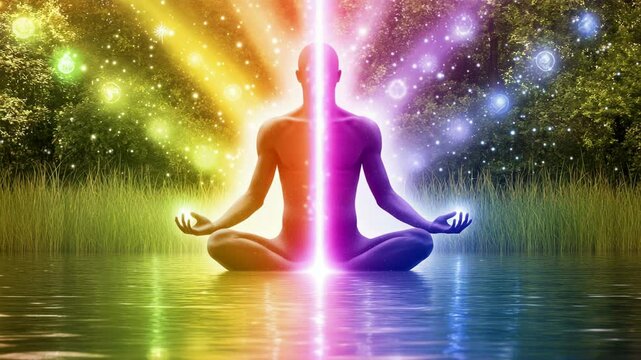 Vibrant energy meditation: colorful auras reflecting on tranquil water