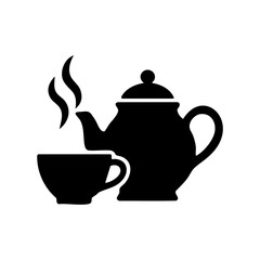 Tea pot and steaming cup icon silhouette