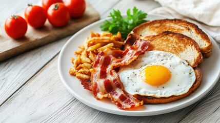 All-American breakfast with sunny-side-up eggs, crispy bacon, hash browns and buttered toast, served on a white diner plate.