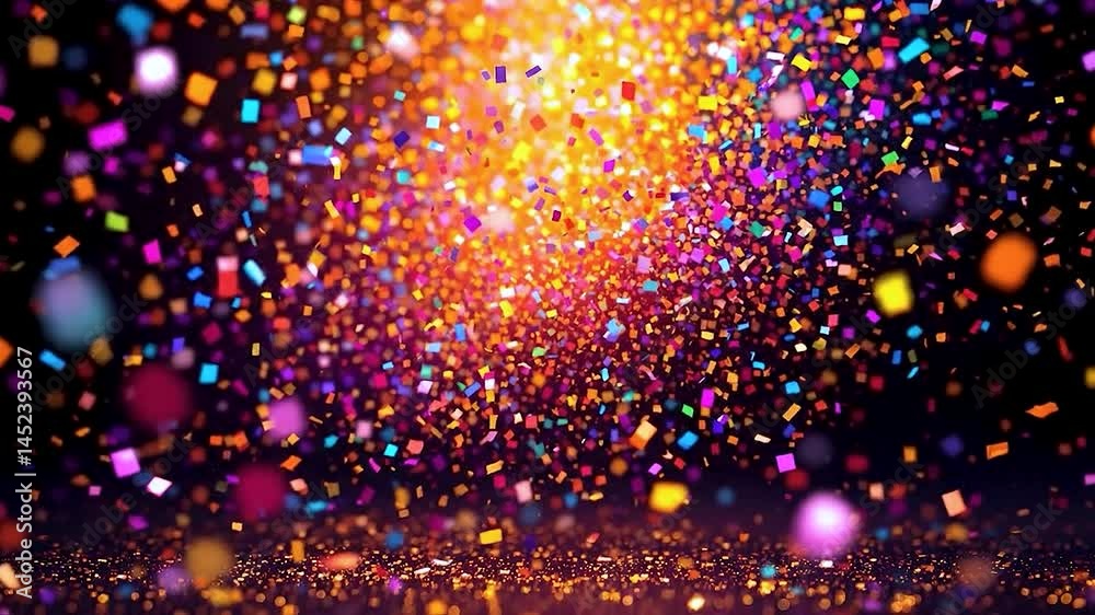 Poster vibrant explosion of multicolored confetti, scattered dynamically across a dark backdrop. the lighti