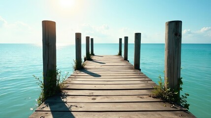 Serene Wooden Dock Extending Over Tranquil Azure Waters on a Sunny Day