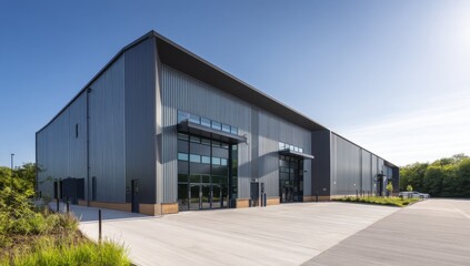 Obraz premium Modern Industrial Building Design: Steel Exterior, Large Windows, Spacious Layout, Excellent Location, Contemporary Architecture.