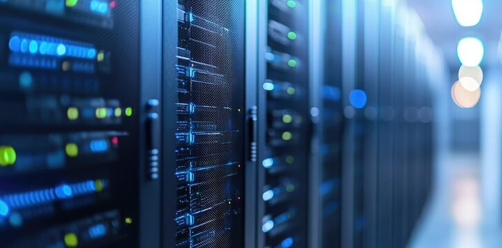 Wide angle view of high capacity data center with illuminated servers and ceiling cabling, excellent for enterprise IT, hosting, or cloud technology use