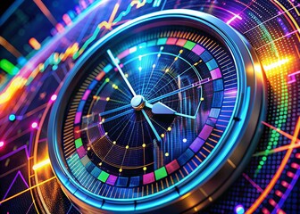 Naklejka premium Time Management in Trading: Financial Data Clock Close-up Drone Photography