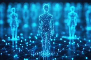 Abstract digital human figures with glowing connections in a futuristic space representing technology, communication, and innovation in a 3D visual design