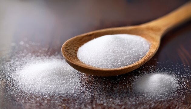 white erythritol sugar substitute in wooden spoon natural sweetener for diet low calorie food healthy alternative to sugar keto product for diabetes