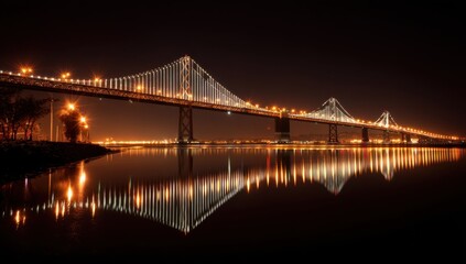 Night Lights Illuminate Suspension Bridge, Reflecting Beautifully on Calm Waters at Night