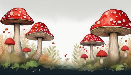 whimsical watercolor painting of mushrooms with red caps
