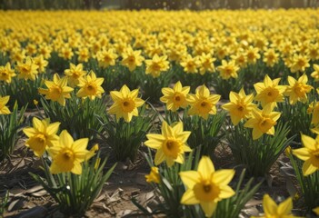 Sunlit field of vibrant yellow daffodils, petals glistening ,  bright yellow,  garden