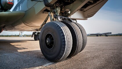 details of the landing gear of a military cargo plane