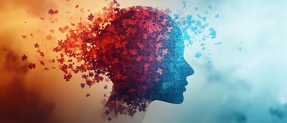 Mindful thinking visual with puzzle head silhouette, creative memory and brain strategy concept, digital generative AI illustration, soft gradients, conceptual wellness art