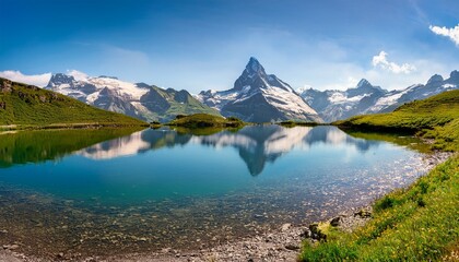 breathtaking beautiful scenery on the lake in the swiss alps wetterhorn schreckhorn finsteraarhorn et bachsee exciting places relaxation harmony anti stress concept