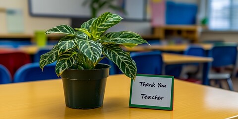 A potted plant and a thank you card for the teacher on a yellow table in a classroom setting