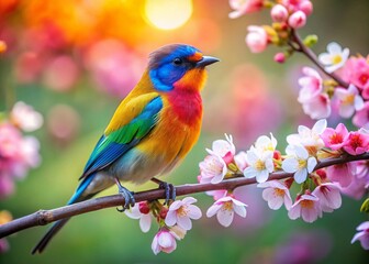 Obraz premium Vibrant Bird Amongst Blooming Flowers - Springtime Nature Photography