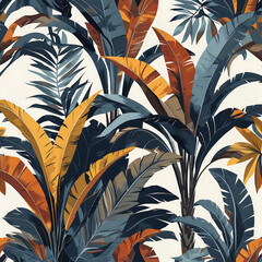 Vibrant tropical foliage in shades of blue and orange with a creamy background capturing the beauty of nature