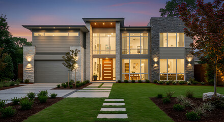 Contemporary Dwelling With Stone Accents At Dusk