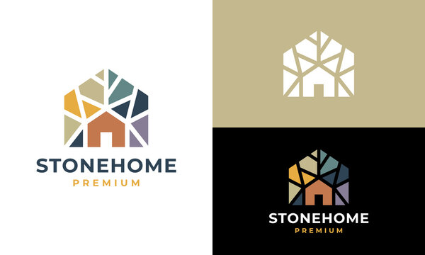 Stone home logo design. House building Vector design with colorful abstract stones graphic icon symbol