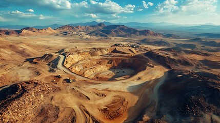 Expansive Background of Remote Desert Gold Mining Site With Large-Scale Excavation Equipment and Operational Infrastructure in View