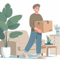 Man holding box in cozy living room