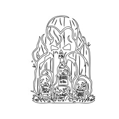 Spooky cemetery illustration with trees and skulls, a chilling black and white art
