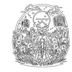 Creepy skeletal guardian amidst a desolate graveyard under a celestial nightscape