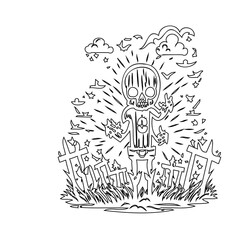 Ethereal skeleton illustration standing amongst gravestones with radiating light