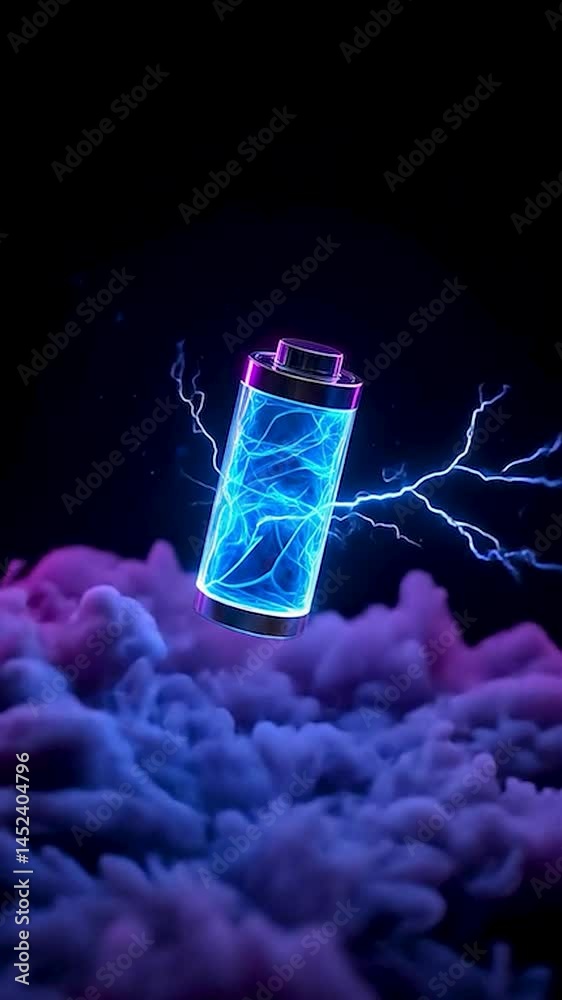 Poster a glowing battery in vibrant neon hues, hovering above soft, textured clouds. dynamic electric arcs 