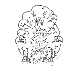 Monochrome ethereal figures in outlined illustration against a mystical backdrop