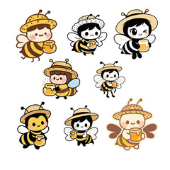 outline sketch of honey bee wearing straw hat and carrying honey, flirty chibi style