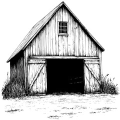 Obraz premium Barn vector illustration, vintage woodcut engraving, rustic sketch, old rural scene, farmhouse decor, hand drawn country barn, antique style architecture, western barn sketch, engraving