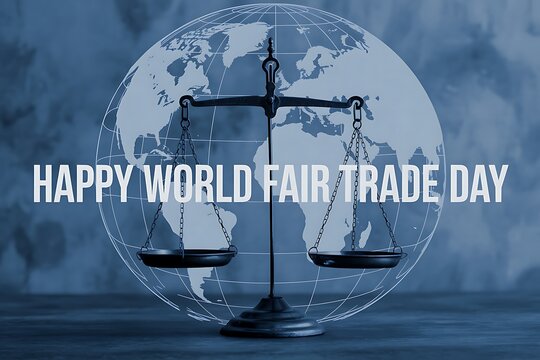 Happy World Fair Trade Day Global balance scales on a world map background promoting ethical trade practices in cool - Powered by Adobe