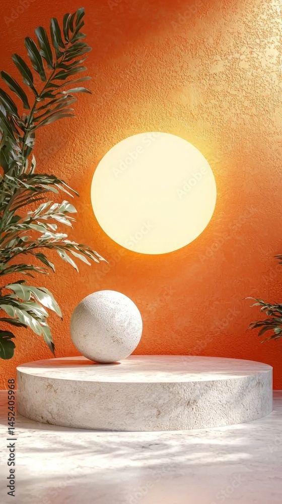 Poster a serene setup features a smooth stone podium supporting a round stone, complemented by lush green p
