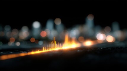 Abstract glowing orange waveform over blurred city lights in the dark perfect for audio visualization, futuristic UI design and tech-inspired digital motion graphics